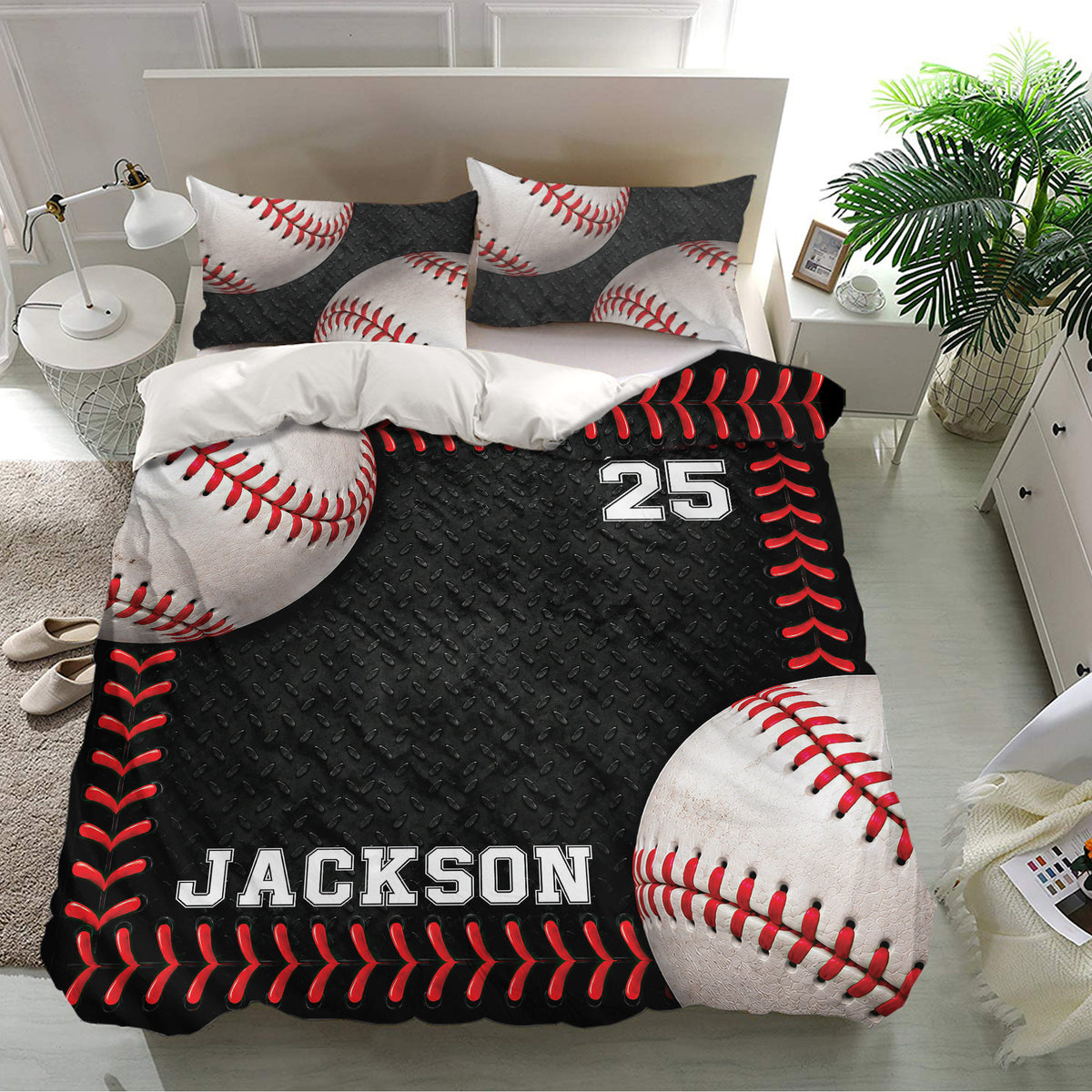 Baseball duvet cover bedding set presented in a bright bedroom with matching pillowcases and realistic baseball artwork