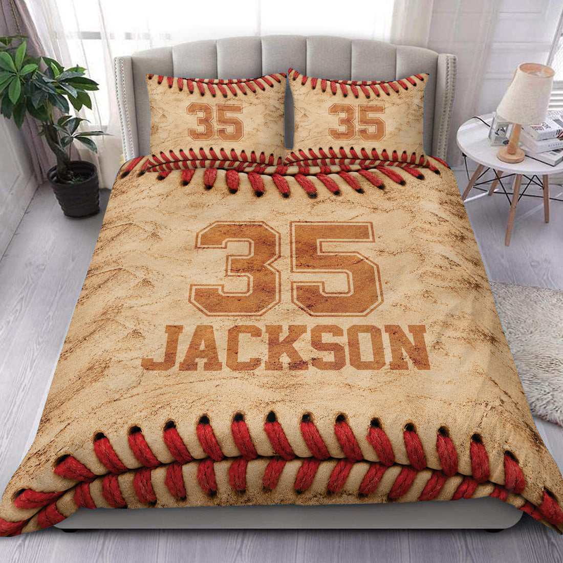 Baseball duvet cover set displayed on a bed with tan leather texture, red stitching, and bold jersey-style artwork