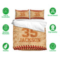 Baseball bedding set featuring tan and red stitched ball artwork across the duvet cover and pillowcases
