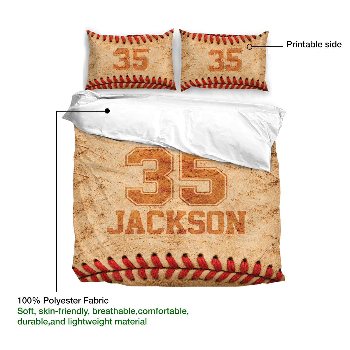 Baseball duvet cover set presentation showing the printed side, stitched ball borders, and soft tan sports design