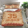 Baseball duvet cover bedding set styled in a bright bedroom with matching pillowcases and red stitched details