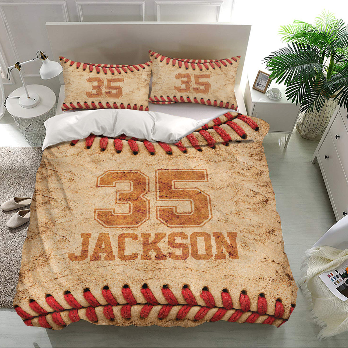Baseball duvet cover bedding set styled in a bright bedroom with matching pillowcases and red stitched details