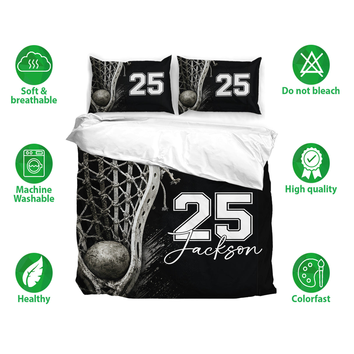 Lacrosse duvet cover bedding set with black sports artwork, matching pillowcases, and soft breathable design icons