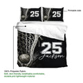Lacrosse duvet cover set showing black and white stick and ball artwork with a soft polyester fabric callout