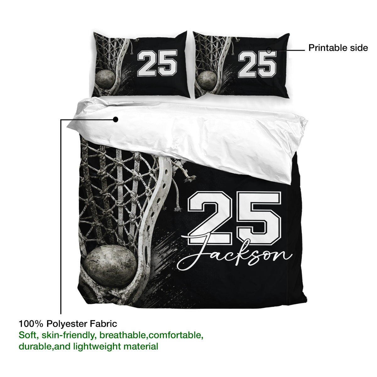 Lacrosse duvet cover set showing black and white stick and ball artwork with a soft polyester fabric callout
