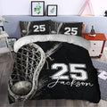 Black lacrosse bedding set styled in a bedroom with bold field-inspired artwork and matching pillowcases