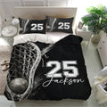 Lacrosse duvet cover bedding set presented in a modern bedroom with black artwork and matching sports pillowcases