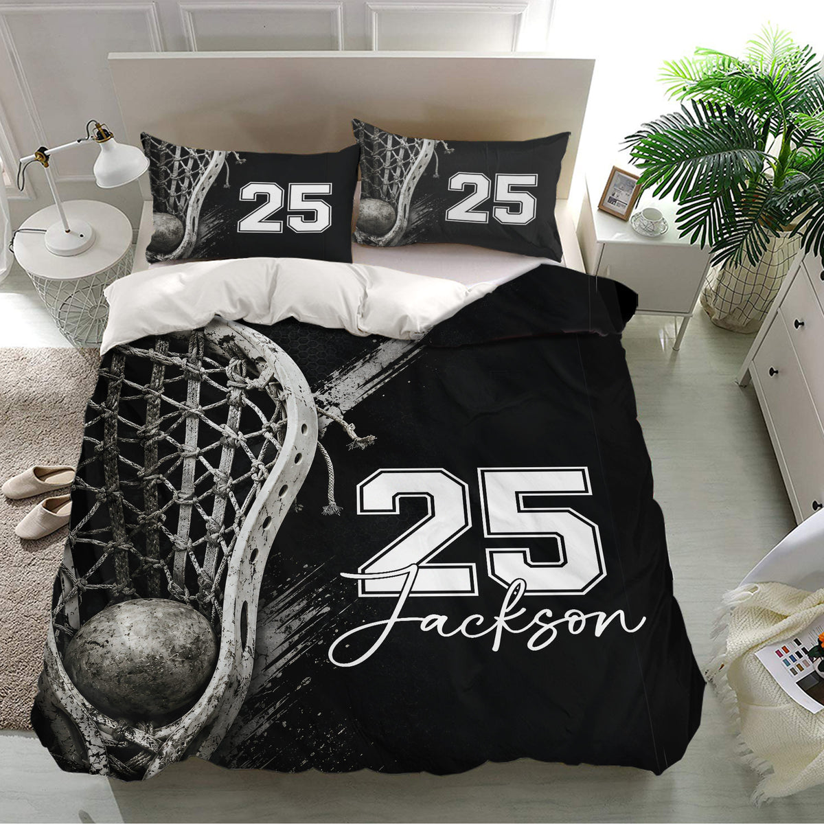 Lacrosse duvet cover bedding set presented in a modern bedroom with black artwork and matching sports pillowcases