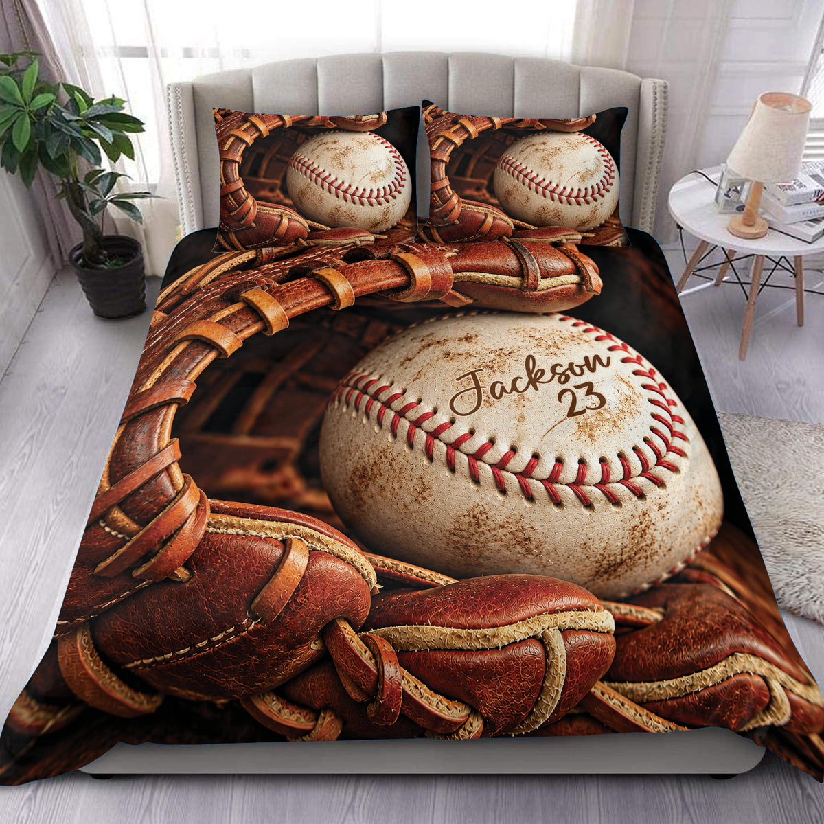 Baseball duvet cover set displayed on a bed with leather gloves and baseball artwork