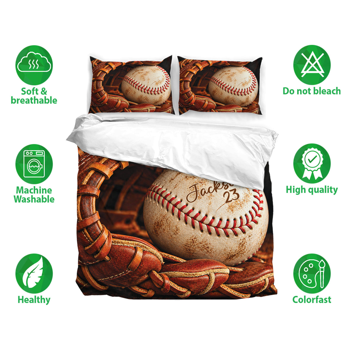 Baseball duvet cover bedding set with matching pillowcases and product feature icons