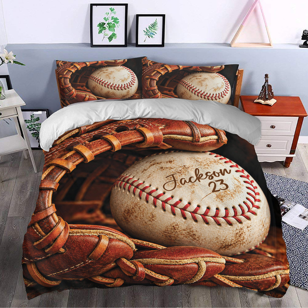 Baseball duvet cover bedding set styled in a bedroom with matching baseball pillowcases