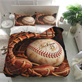 Baseball bedding set presented in a bright bedroom with detailed glove and baseball artwork