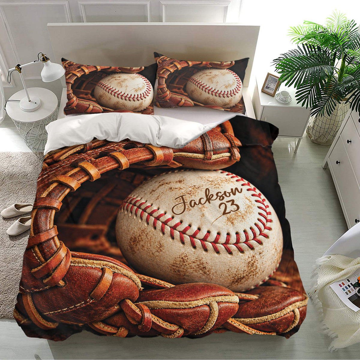 Baseball bedding set presented in a bright bedroom with detailed glove and baseball artwork