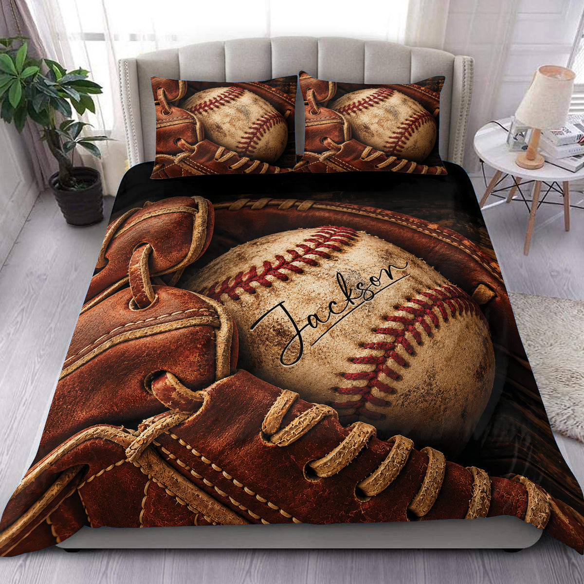Baseball duvet cover set displayed on a bed with vintage ball and leather glove artwork