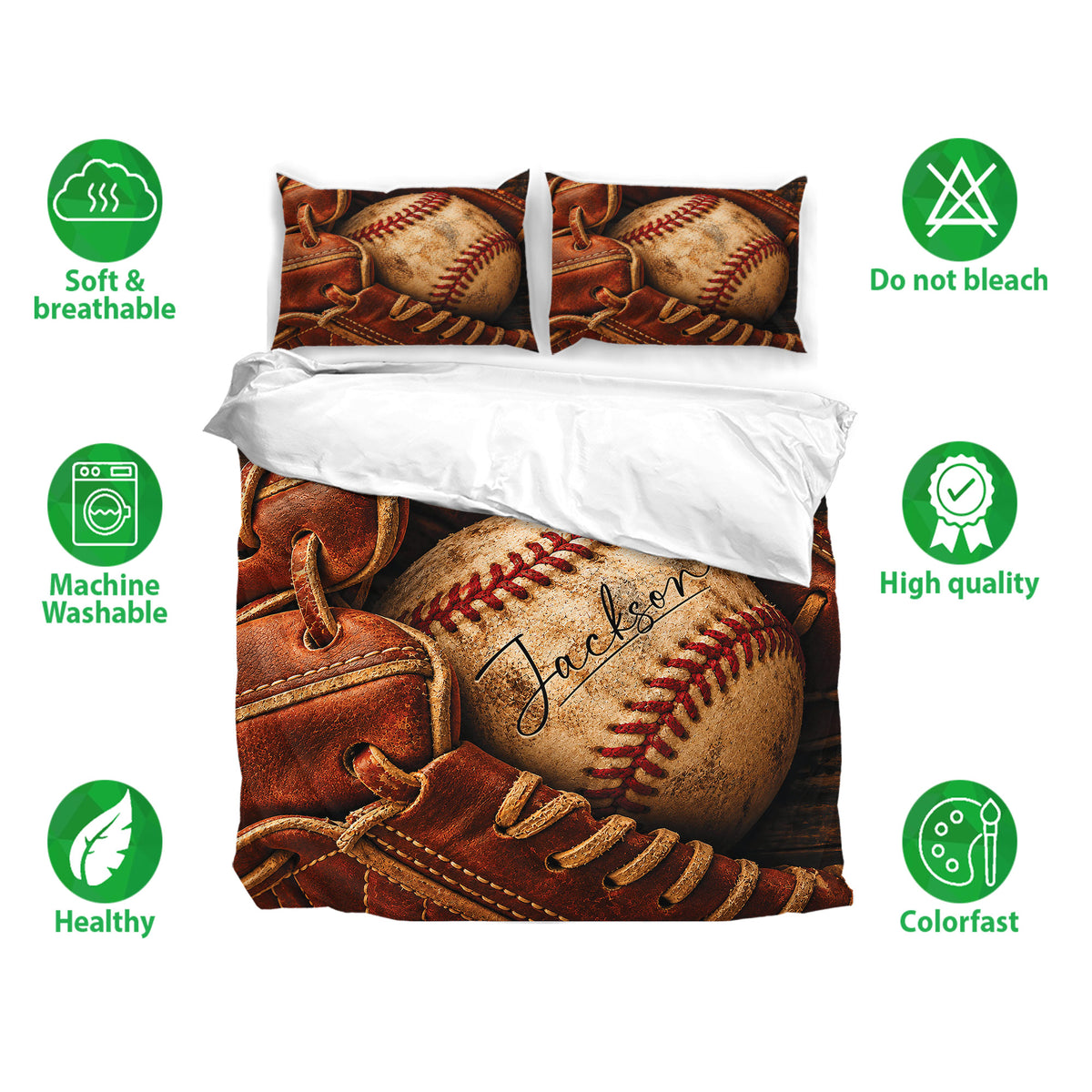 Baseball bedding set with vintage ball and glove design shown with soft breathable fabric icons