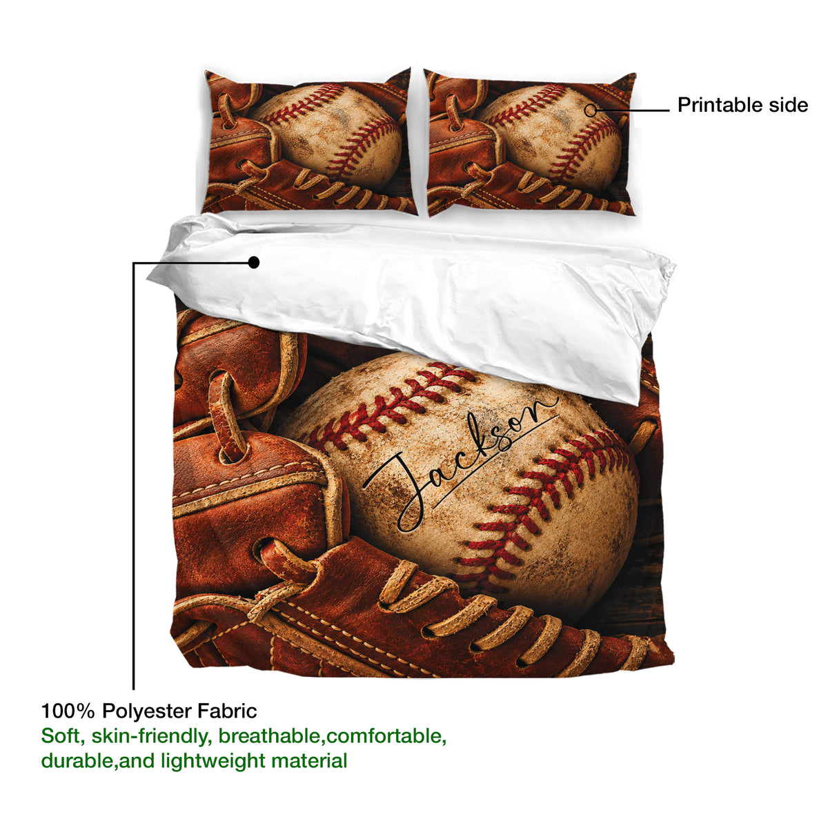 Baseball duvet cover and pillowcases showing printable artwork and lightweight polyester fabric