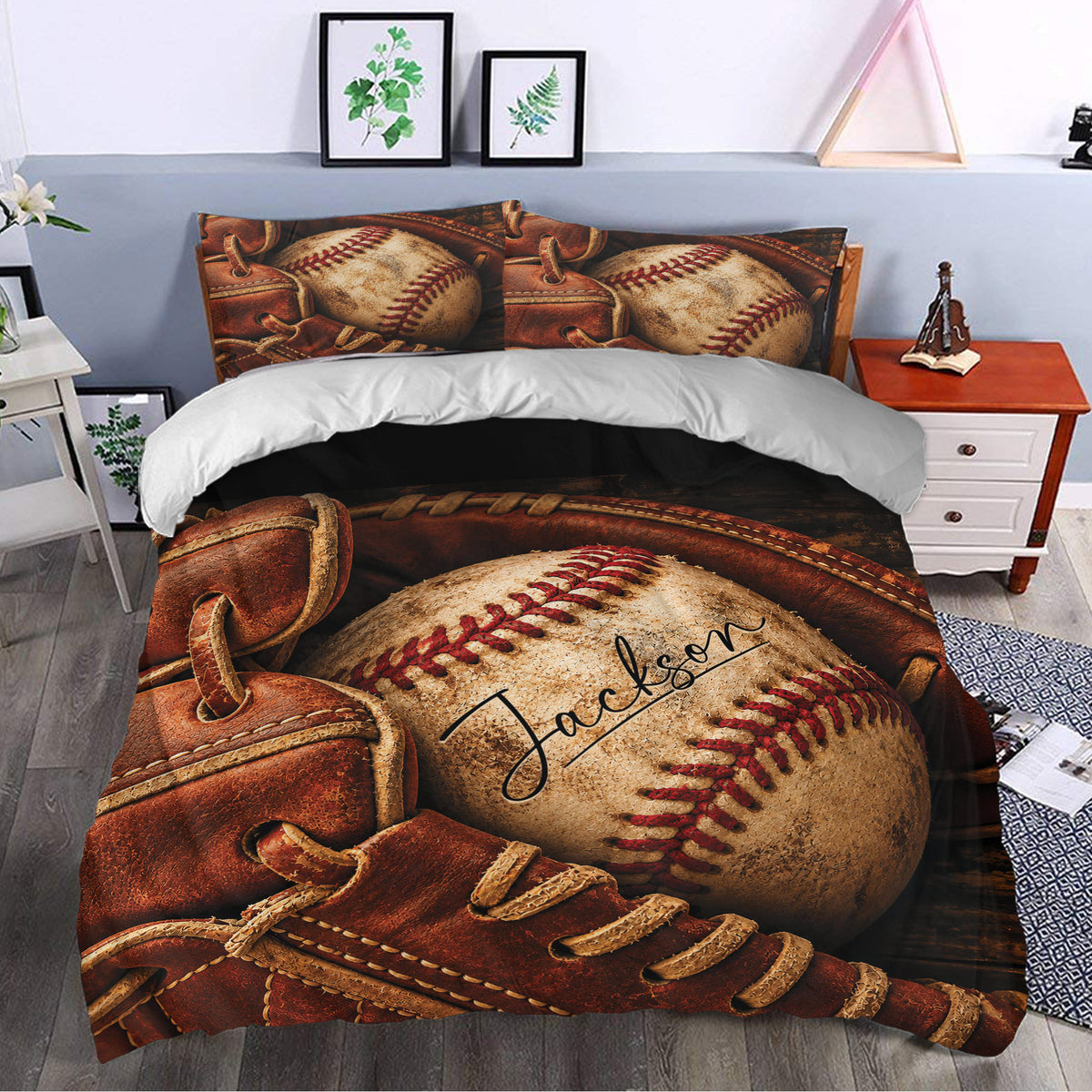 Baseball duvet cover bedding set styled in a bedroom with vintage sports artwork