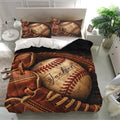 Baseball bedding set displayed in a bright bedroom with glove and ball artwork