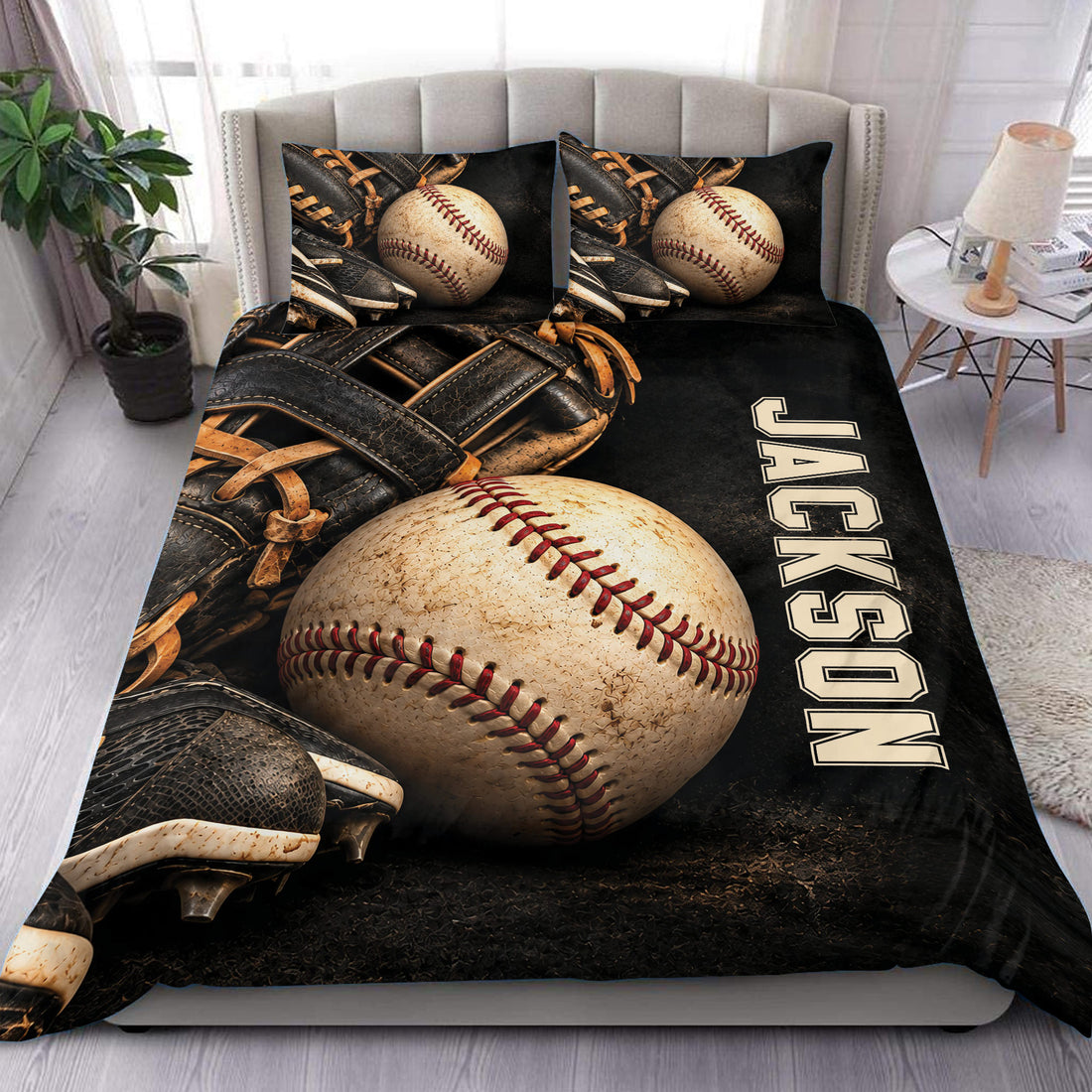 Baseball duvet cover set styled on a bedroom with vintage baseballs, leather gloves, and bold dark sports artwork