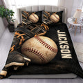 Baseball duvet cover set styled on a bedroom with vintage baseballs, leather gloves, and bold dark sports artwork