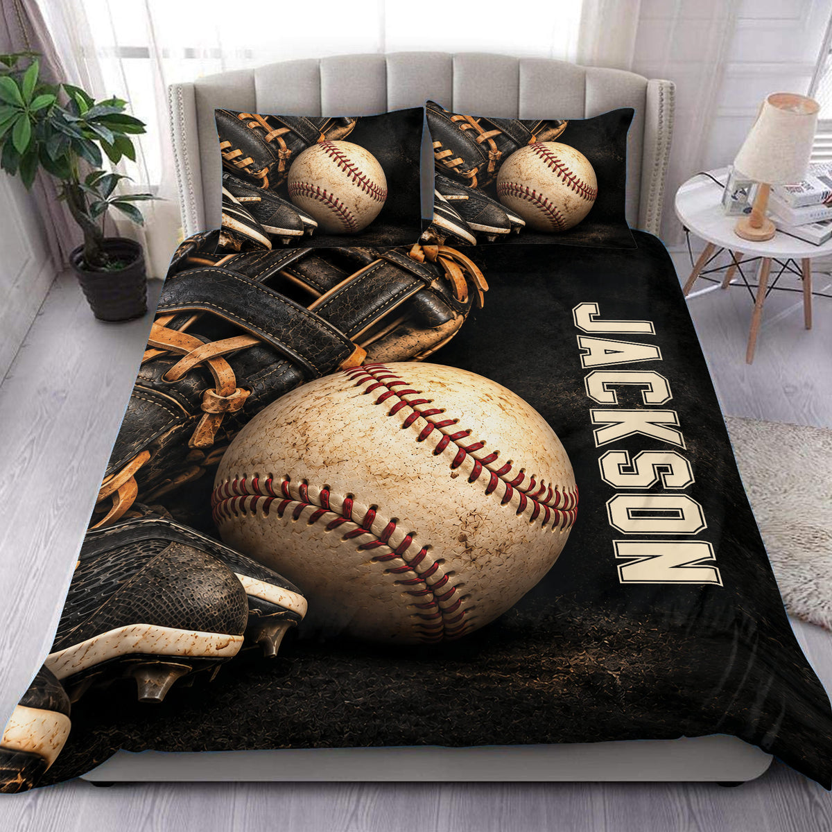 Baseball duvet cover set styled on a bedroom with vintage baseballs, leather gloves, and bold dark sports artwork