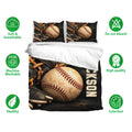 Baseball bedding set displayed with matching pillowcases, large baseball artwork, and soft breathable fabric icons