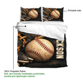 Baseball duvet cover detail showing leather gloves, a large stitched baseball, and the printable fabric surface