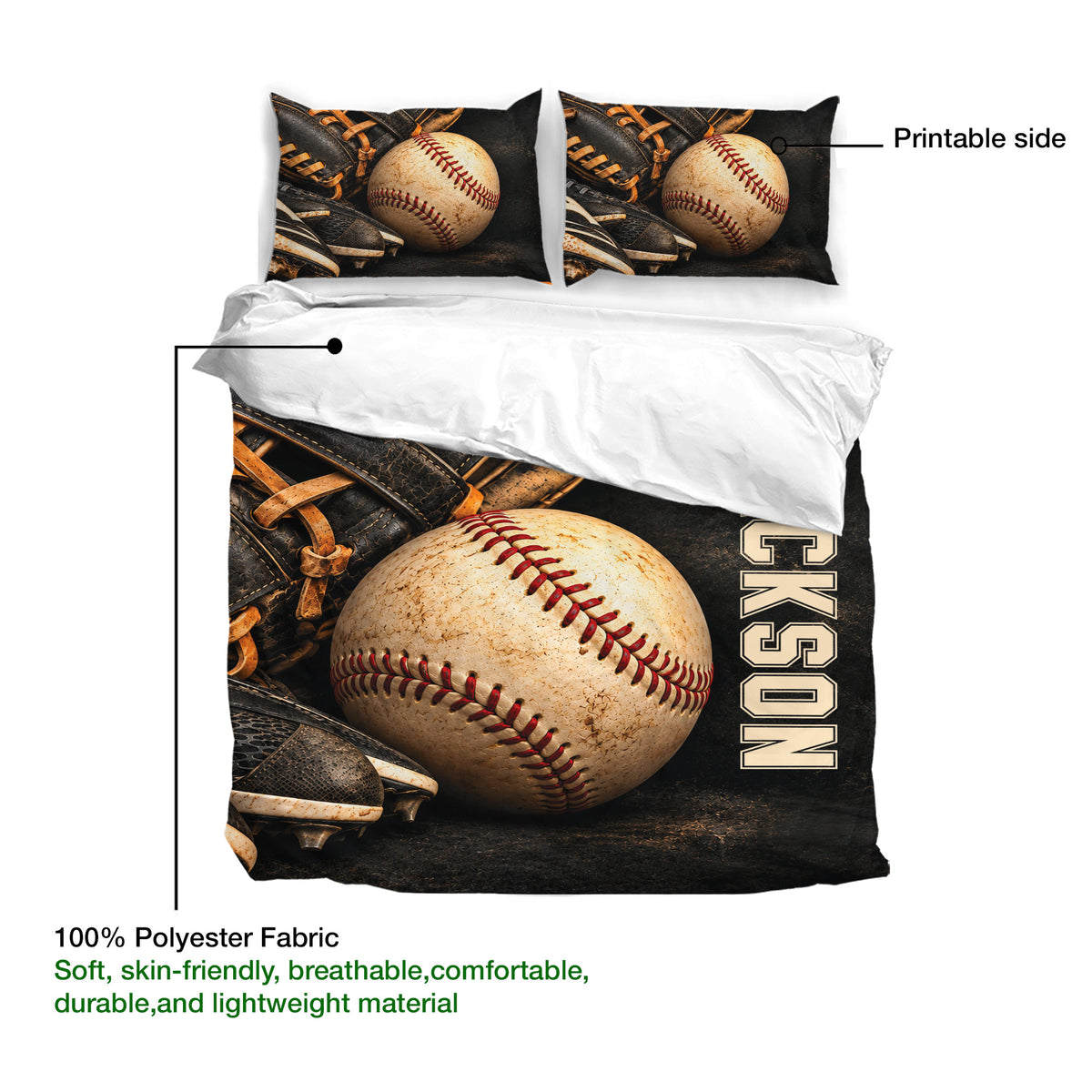 Baseball duvet cover detail showing leather gloves, a large stitched baseball, and the printable fabric surface