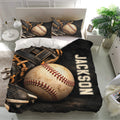 Baseball duvet cover set presented in a bright bedroom with matching pillowcases and dramatic sports-inspired artwork