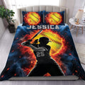 Softball duvet cover set displayed on a bed with fiery yellow softball artwork and a dramatic batting scene