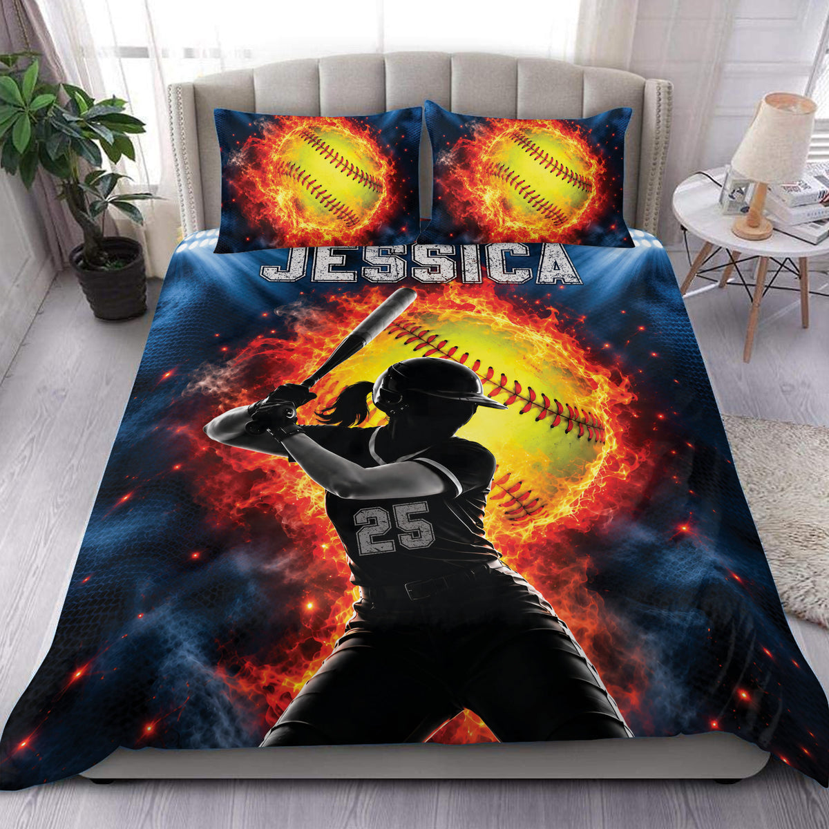 Softball duvet cover set displayed on a bed with fiery yellow softball artwork and a dramatic batting scene