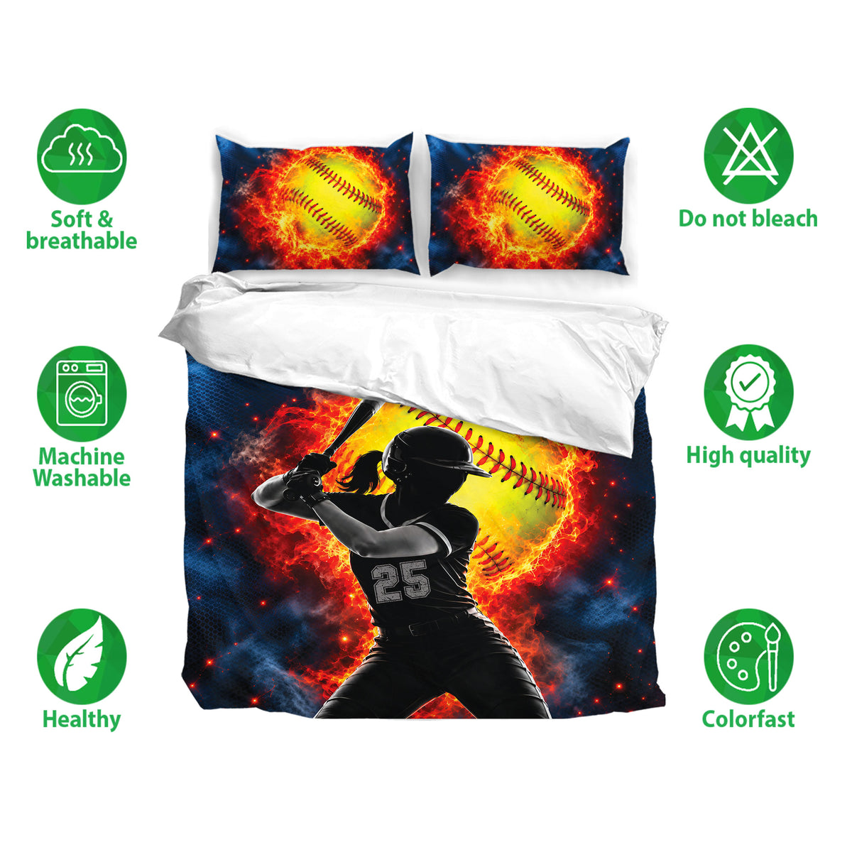 Softball duvet cover bedding set with fiery softball artwork, matching pillowcases, and breathable bedding presentation