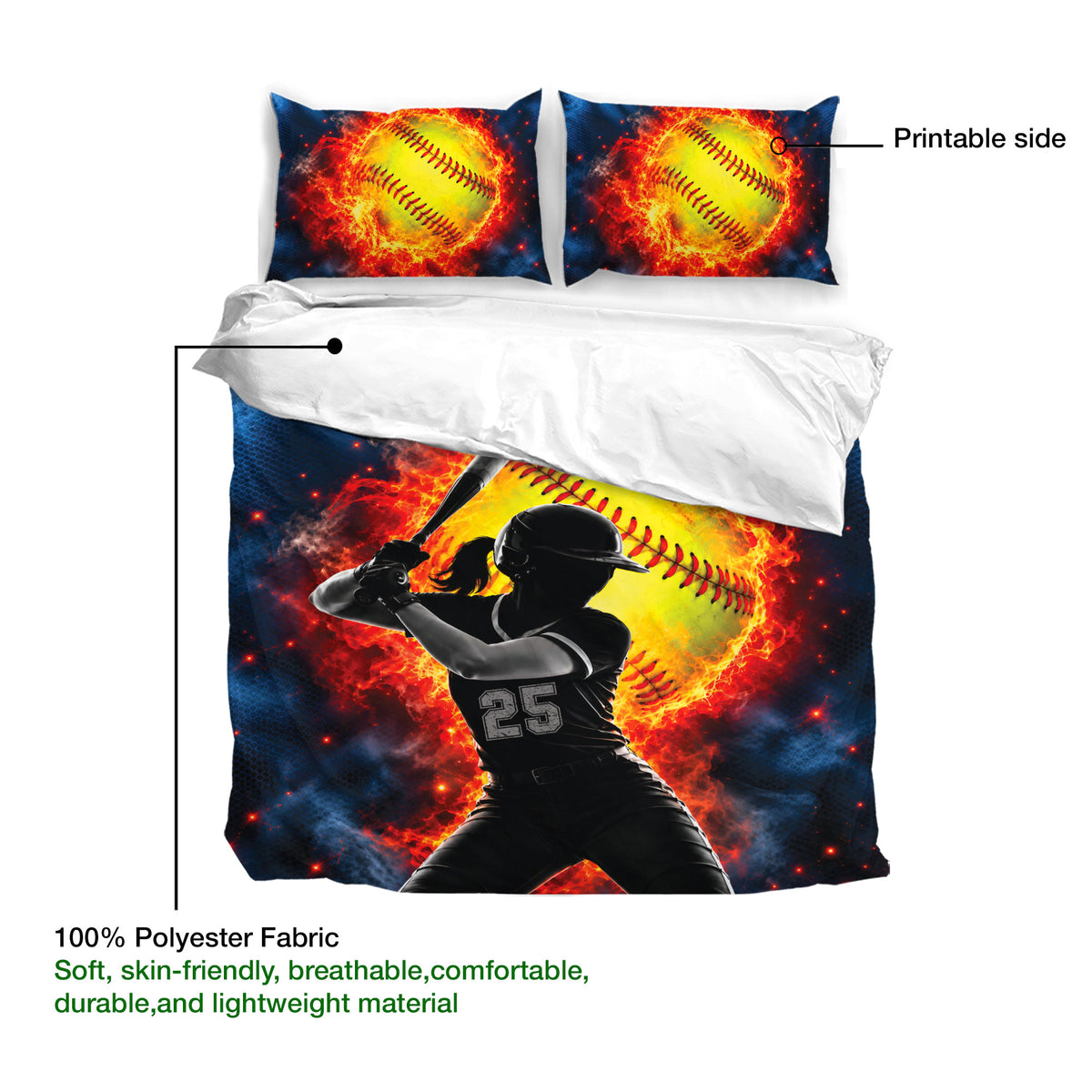 Softball duvet cover set detail showing a printable fiery softball design with a dramatic batter silhouette