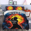 Softball bedding set styled in a bedroom with bold blue, red, and yellow fiery softball artwork