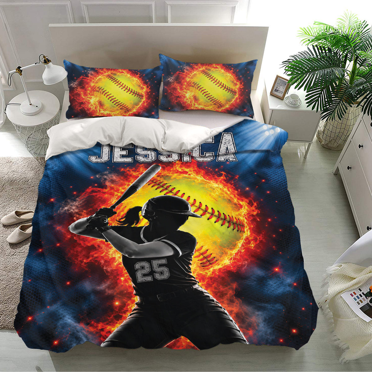 Softball duvet cover set in a bright bedroom featuring matching softball pillowcases and an action batting design
