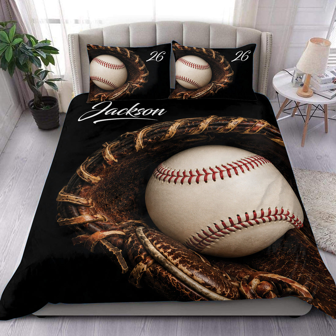 Baseball duvet cover set displayed on a bed with a large baseball and glove design in black and brown