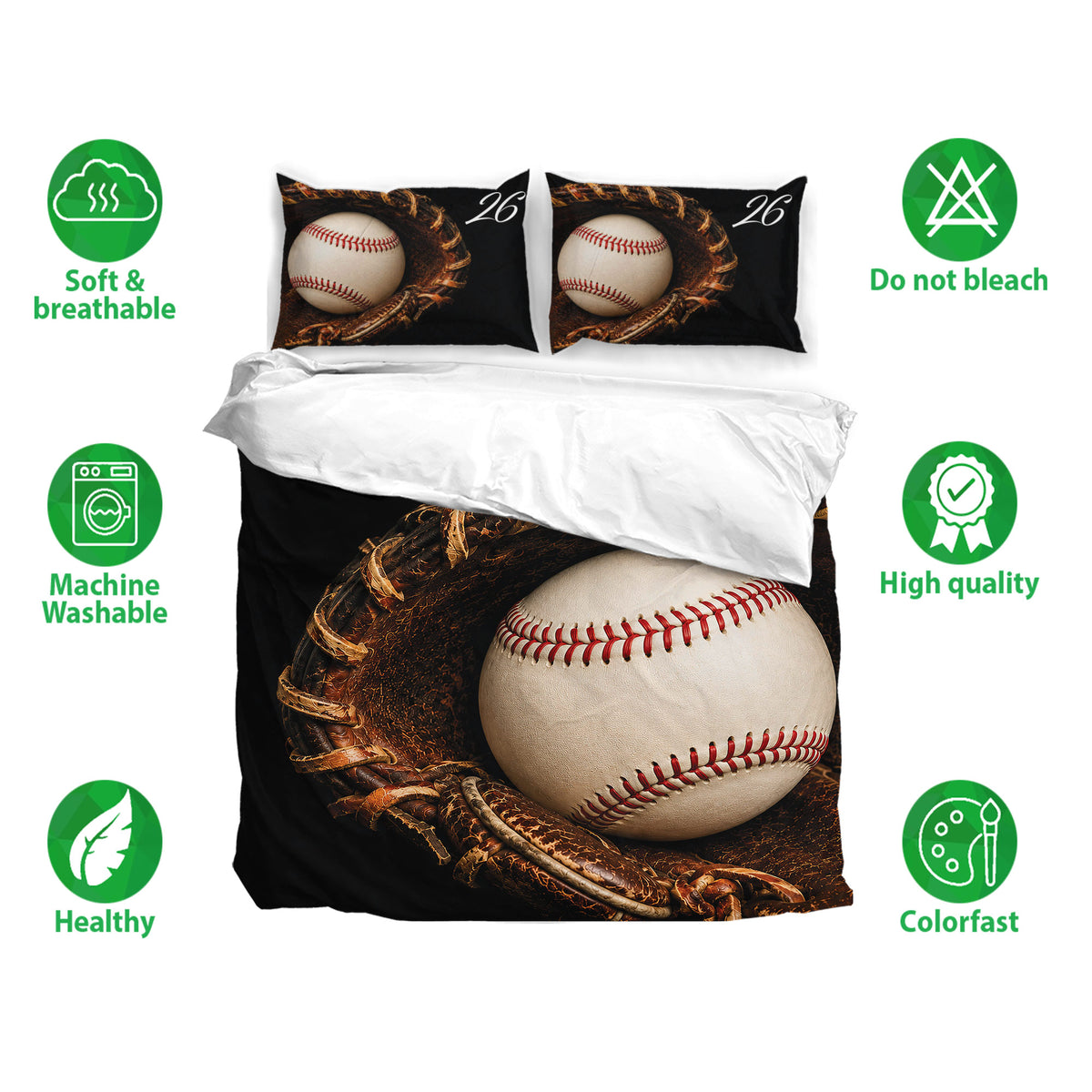 Baseball bedding set shown with printed duvet cover and matching pillowcases in a bold black design