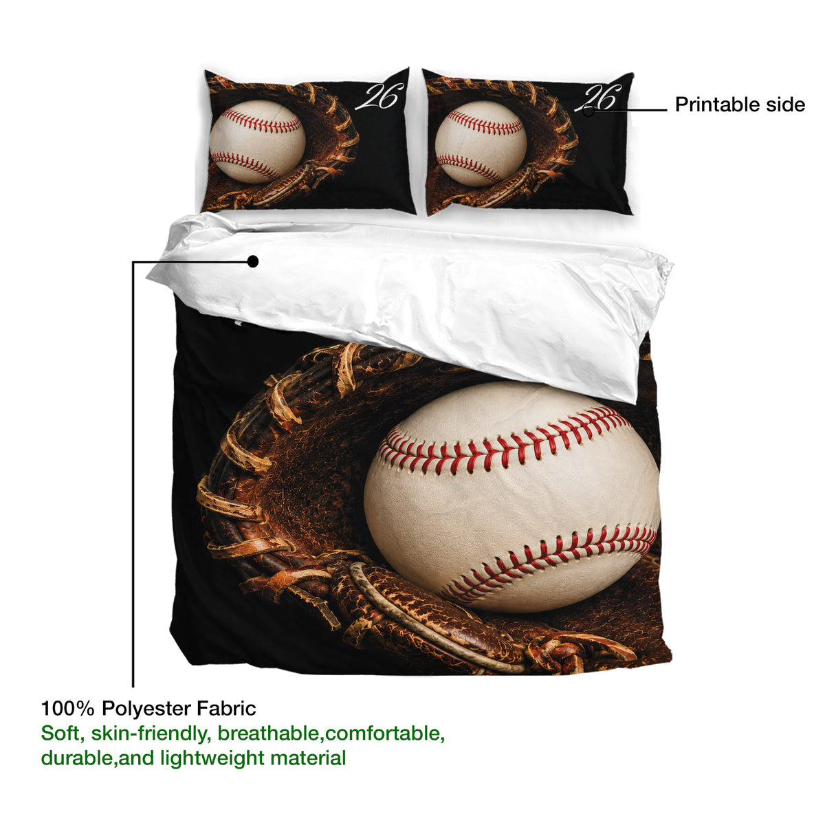 Baseball duvet cover set detail showing the printable side with baseball and glove artwork