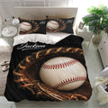 Baseball duvet cover set styled in a bright bedroom with matching baseball pillowcases