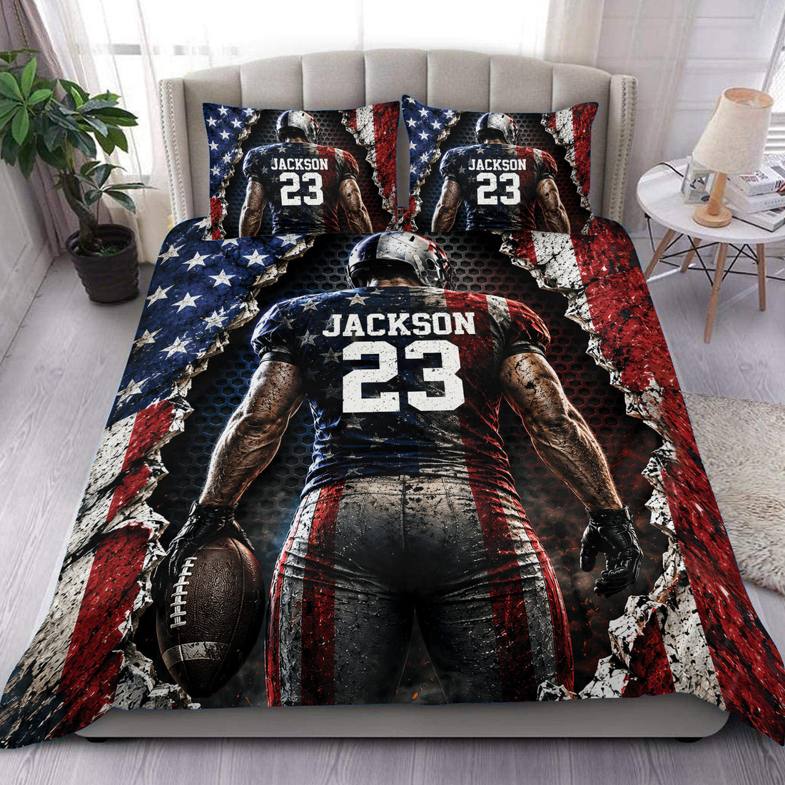 Football duvet cover set displayed on a bed with bold red, blue, black, and white player artwork
