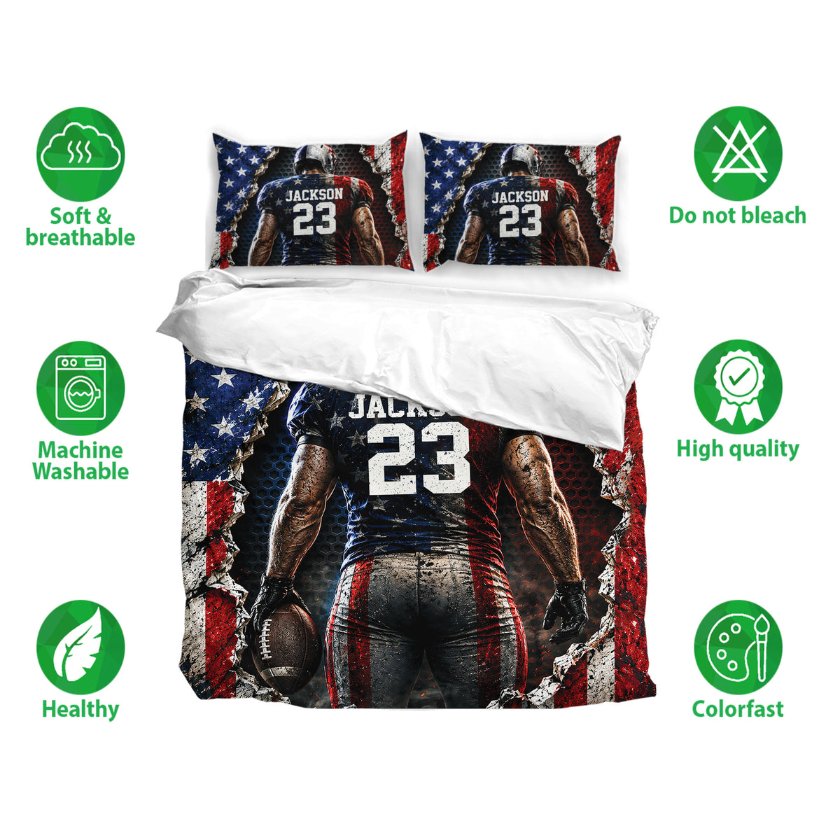 Football bedding set with dramatic player artwork, matching pillowcases, breathable fabric, and care icons