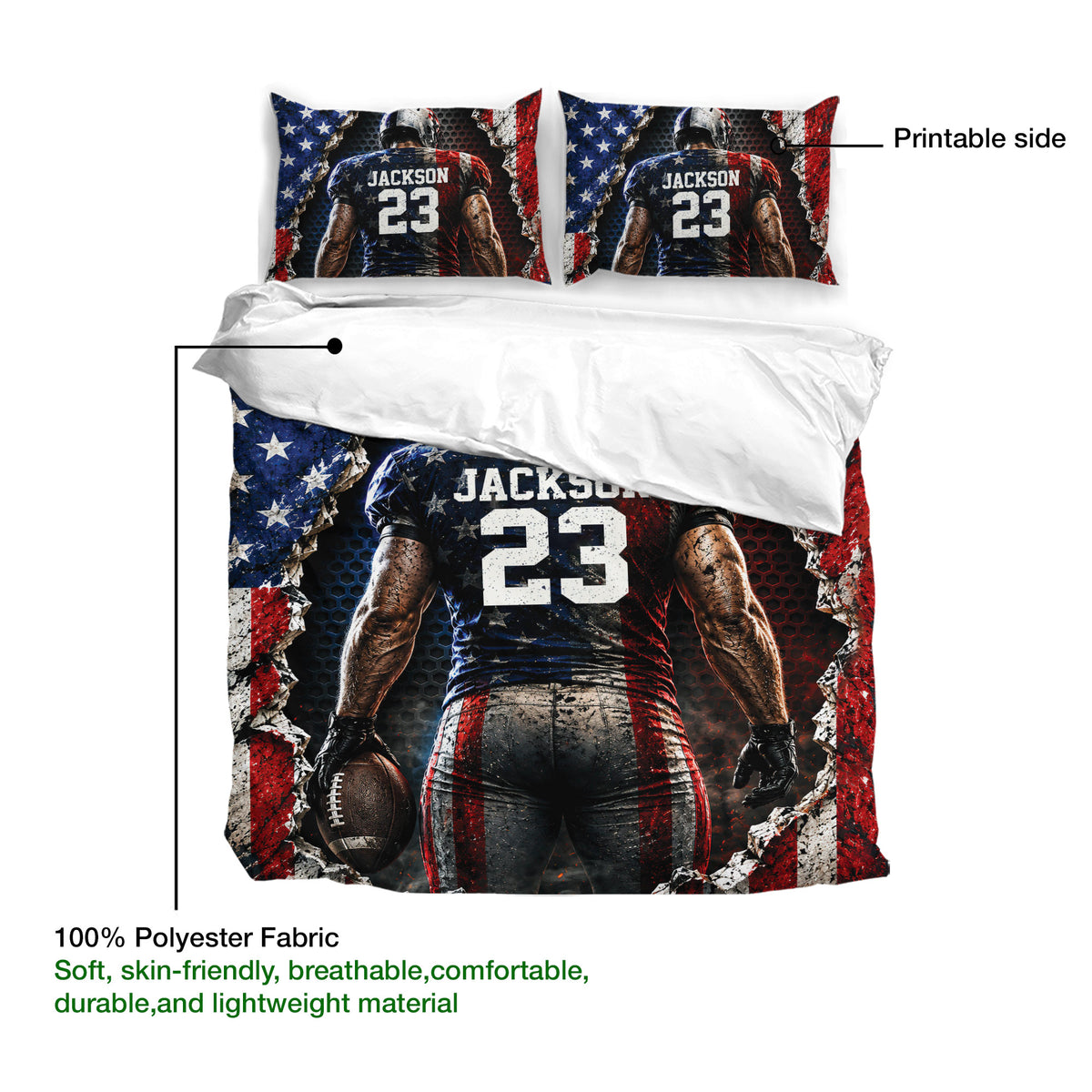 Football duvet cover and pillowcases shown with printable artwork and soft polyester fabric details