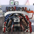 Football duvet cover set styled in a modern bedroom with red, blue, and star-spangled player artwork