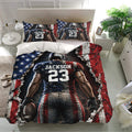 Football bedding set displayed in a bright bedroom with matching pillowcases and dramatic player design