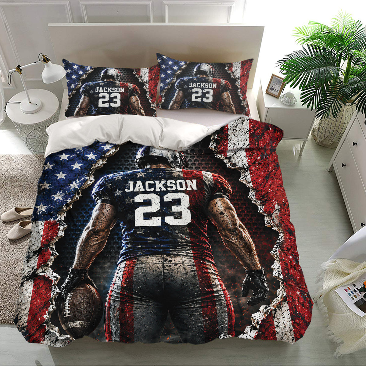 Football bedding set displayed in a bright bedroom with matching pillowcases and dramatic player design