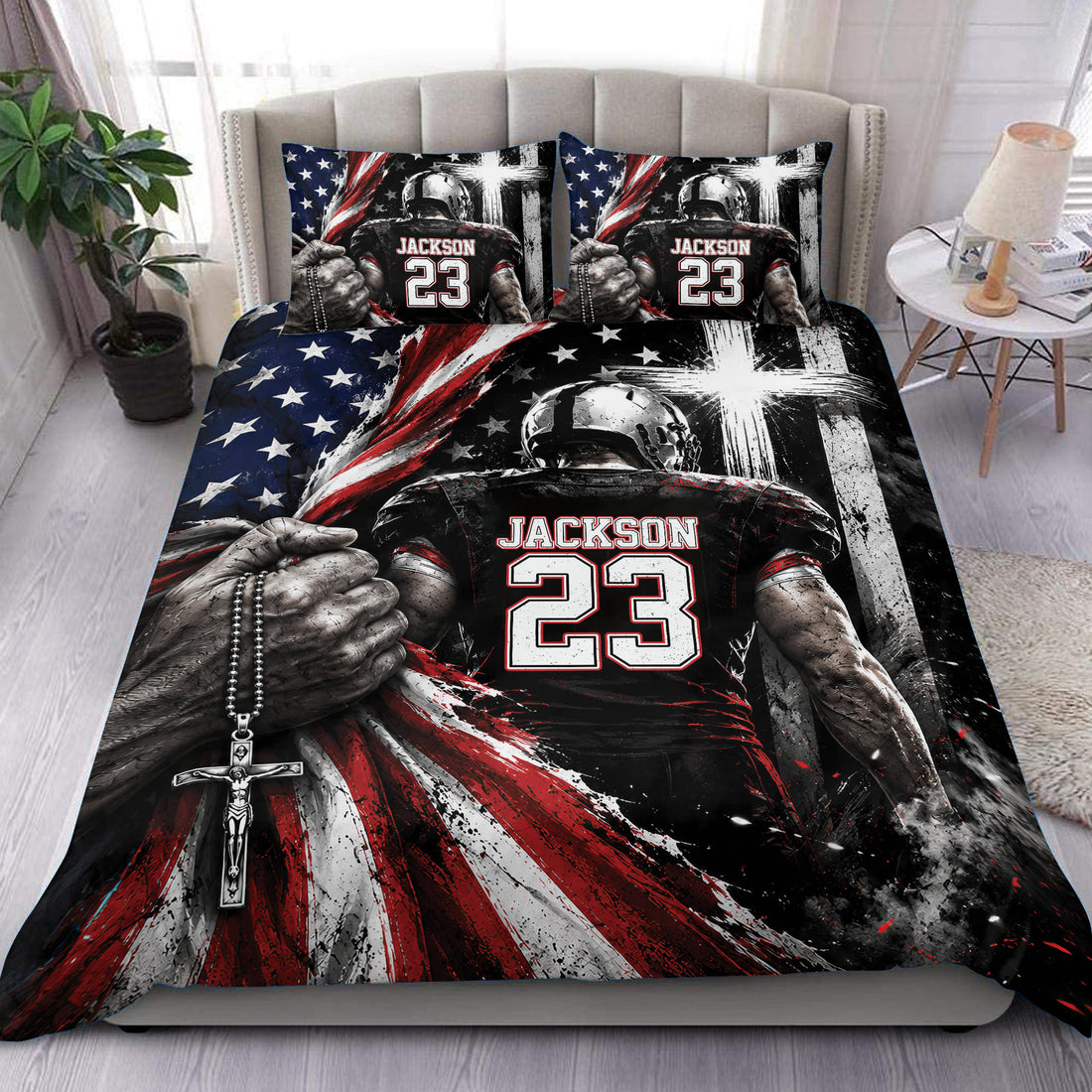Football duvet cover set with custom player artwork, red white and blue stars, and bold black accents