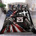 Football duvet cover set with custom player artwork, red white and blue stars, and bold black accents