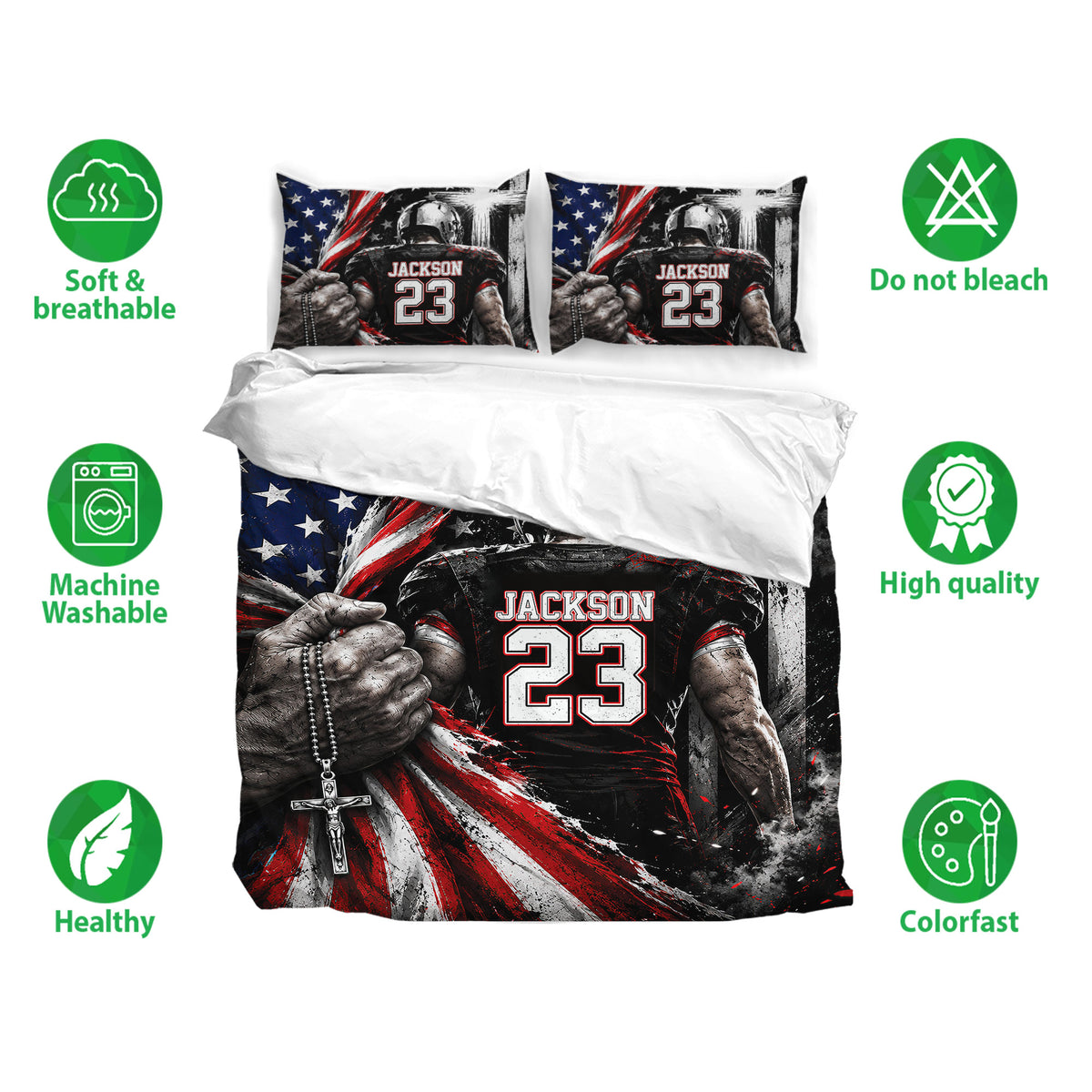 Football bedding set displayed with player artwork, matching pillowcases, and soft breathable fabric features