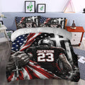 Football duvet cover bedding set styled in a modern bedroom with patriotic red white and blue artwork