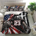 Football bedroom decor featuring a bold player duvet cover and matching pillowcases in a bright bedroom